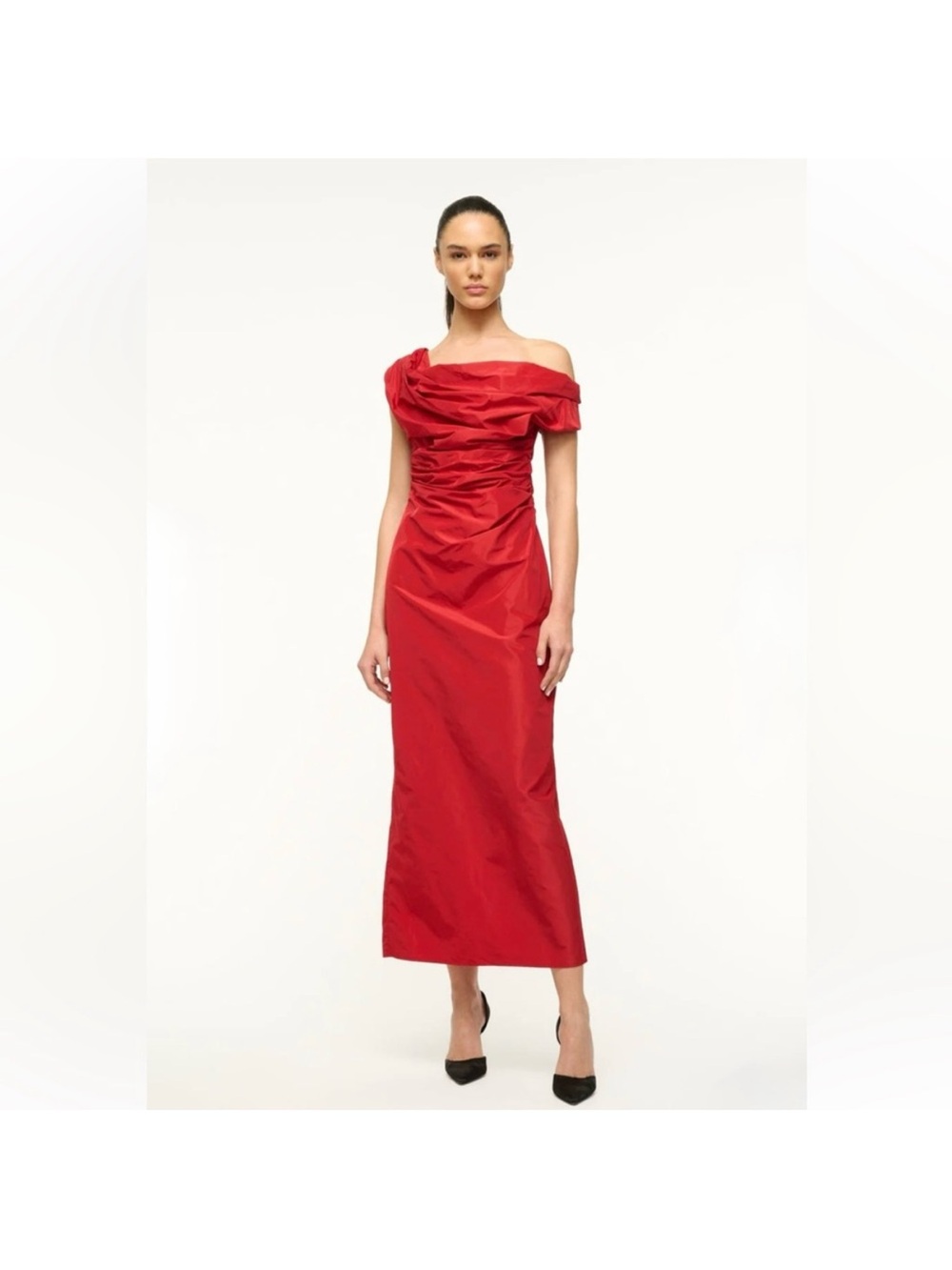 NWT STAUD Andrea Off Shoulder taffeta Midi Red Dress Size 4